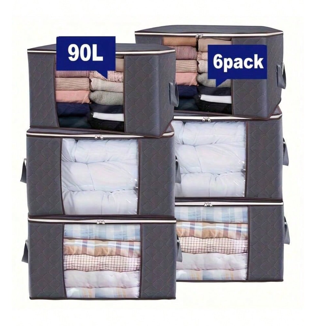 6-Pack Large Foldable Storage Bags with Viewing Window, Reinforced Handles & Smooth Zipper — Quilt, Clothes & Home Organizer Containers (Gray)